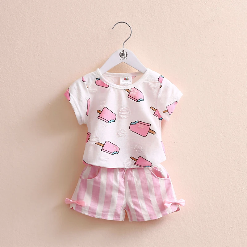 2024 Summer Cotton 2 3 4 6 8 10 Years Children Clothin Ice Cream Print White Pink T-Shirt+Stripe Bow Shorts 2 Pcs Kids Girl Set