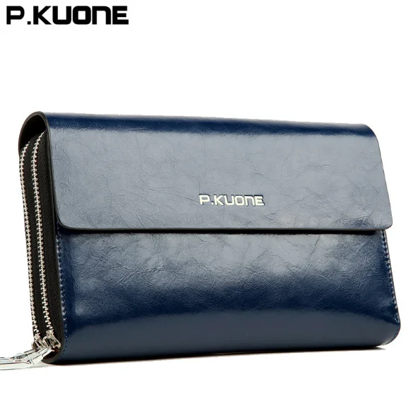 P.KUONE-cartera de mano de cuero de vaca para hombre, cartera larga de cuero genuino con cera de aceite brillante de lujo, monedero Masculino