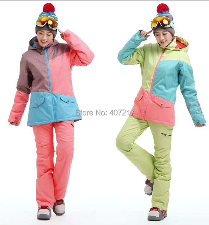 

Women's Color Matching Ski Jacket Green Blue Pink Snowboard Skating Hiking Sportswear Female Snow Coat Anorak Skiwear Waterproof