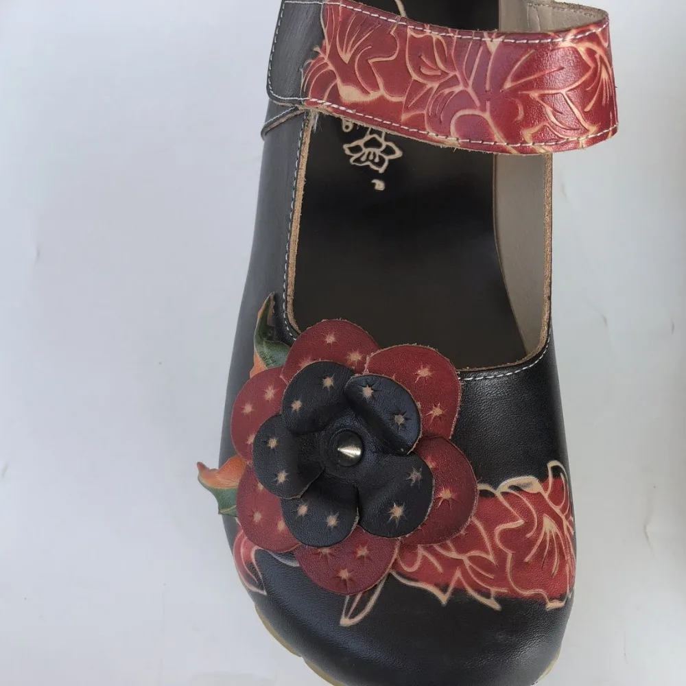 Careaymade-New Summer,Women fashion single shoes,Round mid heels printing flower shoes,Ethnic style hook trend shoes