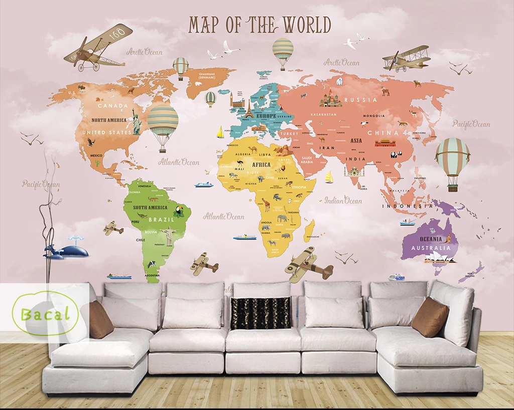 

Bacal Custom 5D wallpaper cartoon world map tv background wall living room bedroom children room background 3d wallpaper murals