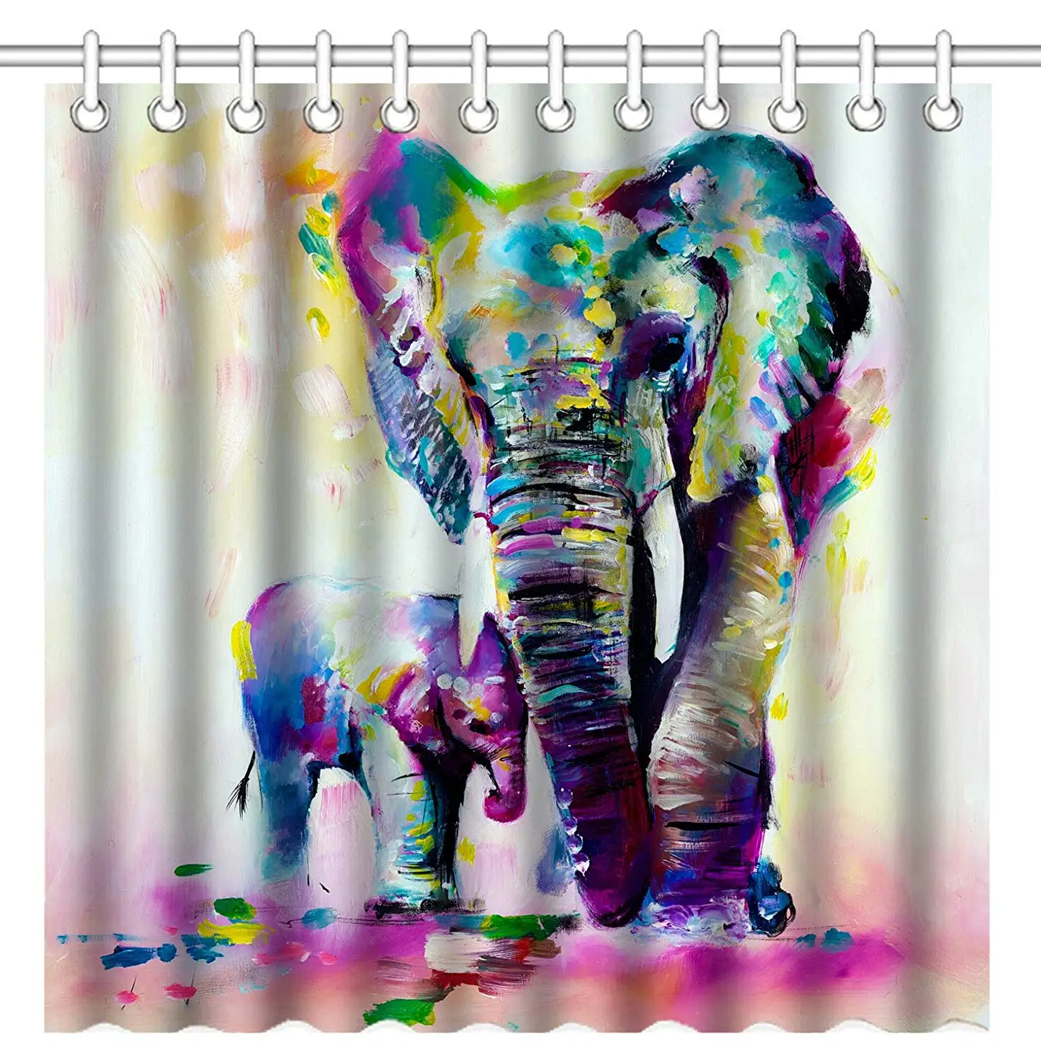 Vintage Abstract Colorful Indian Elephants Family Oil Paintings Art, Waterproof Polyester Fabric Decorative Bath Curtains