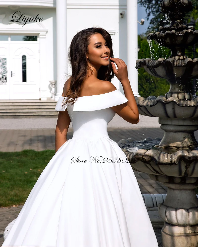 Liyuke Pure White Elegant  Satin A-Line Wedding Dress With Folden V-Neckline Off The Shoulder Wedding Gown