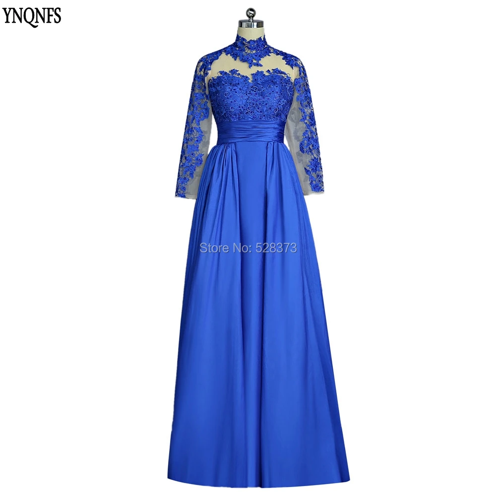 MD146 Royal Blue Taffeta Mother of the Bride/Groom Dress High Neck Long Sleeves Open Back Elegant Outfit for Wedding Events