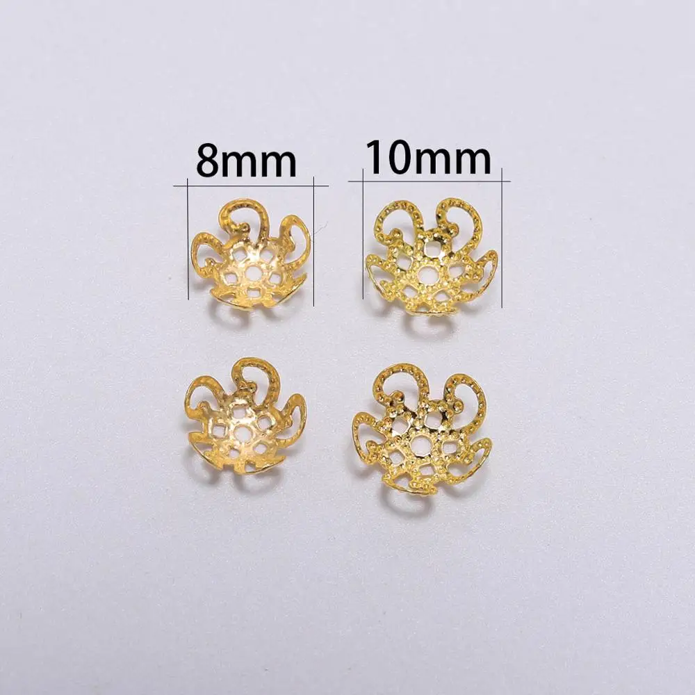 Hollow Flower Spacer Beads, Gold Metal, End Caps, DIY Pingente, Encantos Conectores, Jóias Fazendo Achados, 8mm, 10mm, 100Pcs