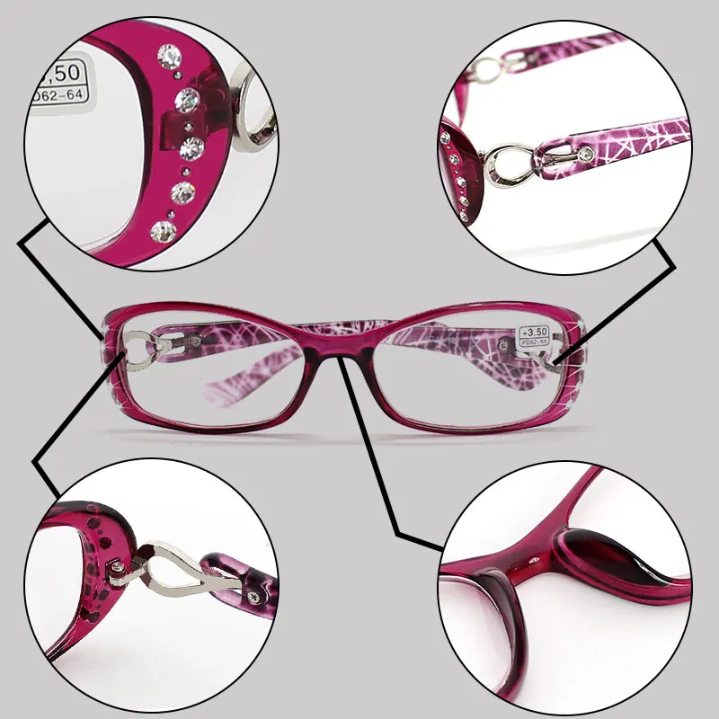 라인석 독서용 안경, 여성 럭셔리 패션 안경, 50 + 75 100 125 150 175 200 225 250 275 + 375 450 + 500