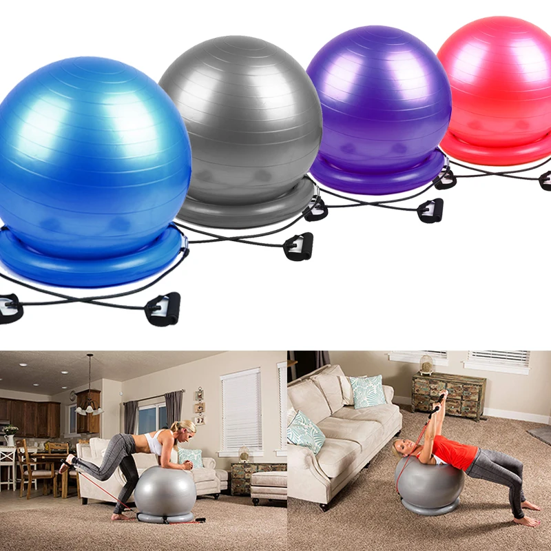 Sports Yoga Ball Exercise Pilates Workout Massage Ball with Stability Base Resistance Bands Gym Balance Fitball Yoga Balls 75cm