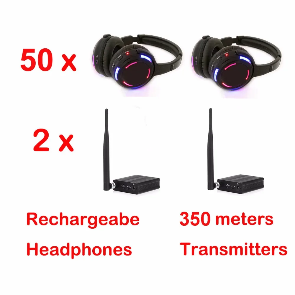 500m Distance Professional Silent Disco 50 LED Headphones with 2 Transmitters- RF Wireless For DJ Club Party Meeting Broadcast