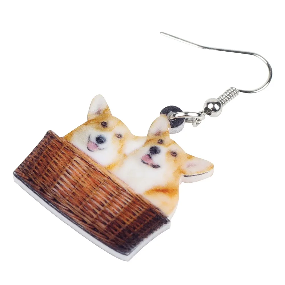 Bonsny Acrylic Happy Welsh Corgi Pembroke Dog Basket Earrings Dangle Drop Fashion Animal Jewelry For Women Girls Pet Lovers Gift