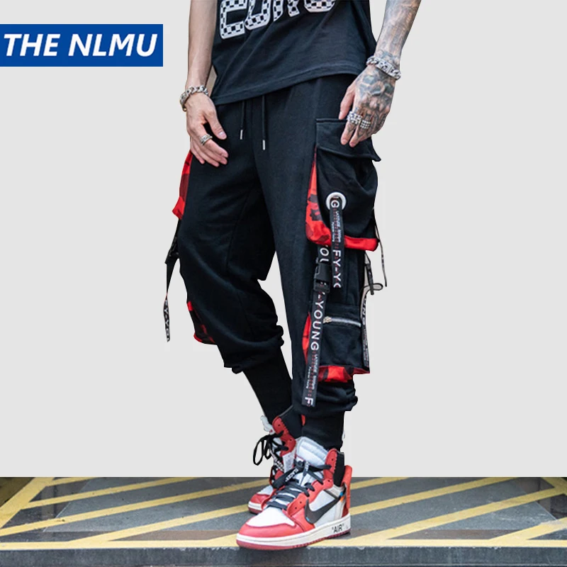 

Hip Hop Ribbons Cargo Pants Men Joggers Pants Streetwear Men 2023 Fashion Mens Elastic Waist Pant Ribbons Cotton Black HW203