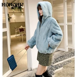 HDHOHR 2024 New Real Mink Fur Coat Women Winter Short High Grade Mink Coat Multiple Colour Natural Mink Fur Jackets With Big Hat