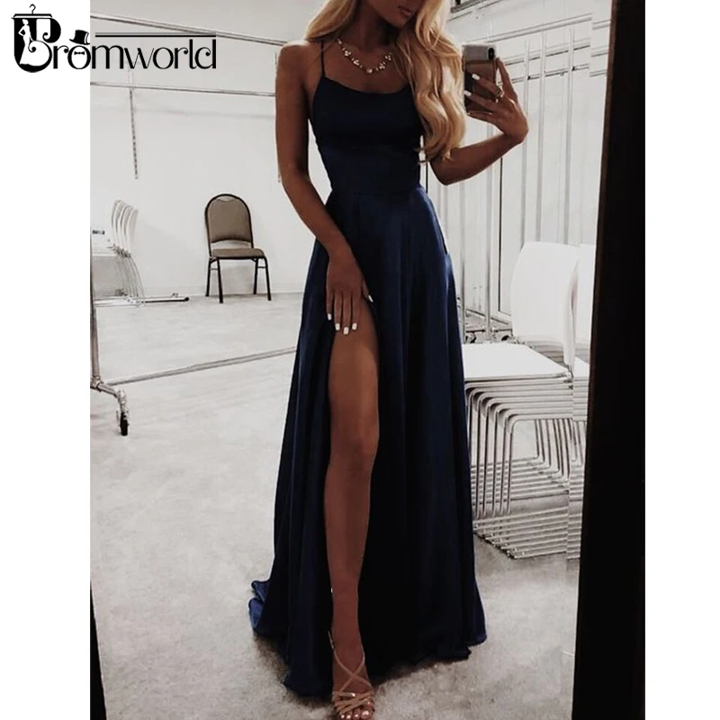 Azul Royal Long Prom Dresses, Simples A Line, Cheap Prom Gown, Correias de espaguete de fenda alta, Vestido de noite cruzado, Under 100