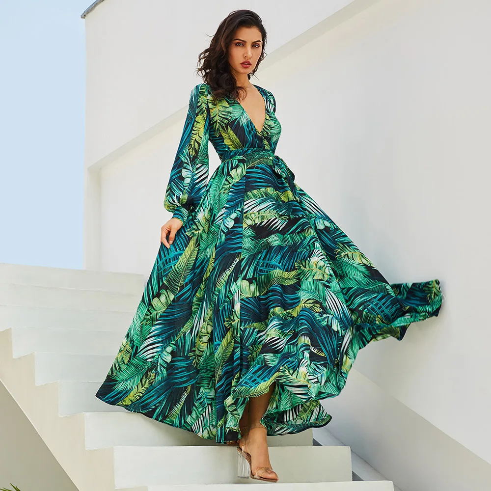 Primavera verão vestido de manga longa verde praia tropical vintage maxi vestidos boho casual v pescoço cinto rendas até túnica drapeado mais tamanho