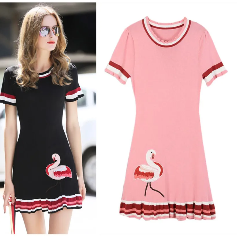 Summer New Women Sheath Fashion mMini Knitting Pink Black Dresses Ruffles Stripped Swan Embroidery Ladies Slim Dress NS840