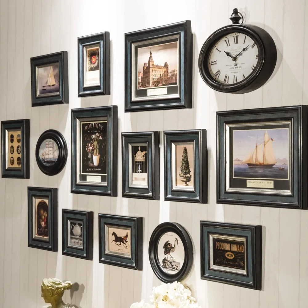 

Retro Dark Color Wall Hanging Picture Frame Combination Hallway Sofa Livingroom Wall Photo Frame+Clock Set Wooden Photo Frames