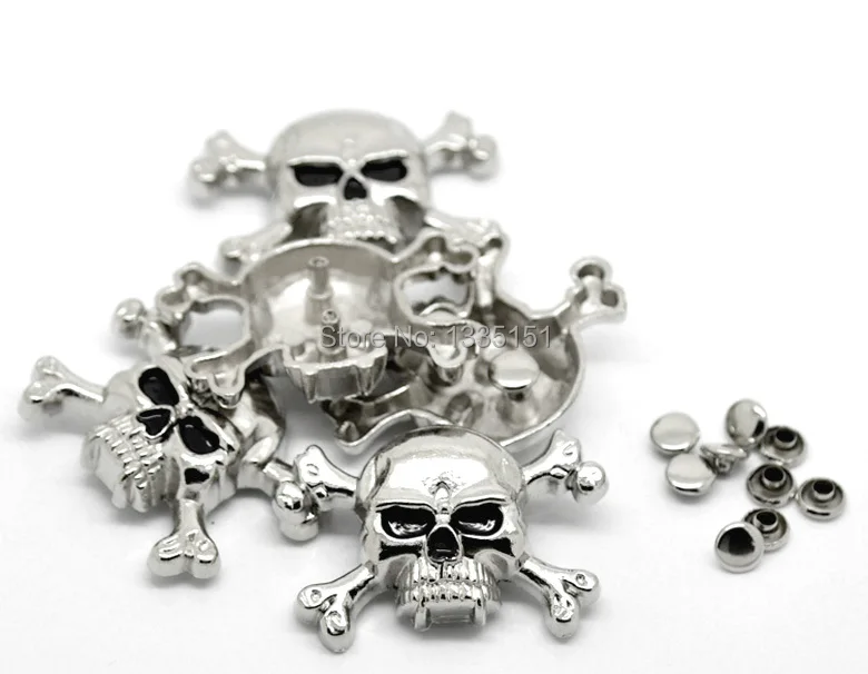 Free shipping -10 Sets Antique Silver Skull Crossbone Rivet Studs Spots 4.4cmx2.9cm 7mm Bag Leather Clothes J1785