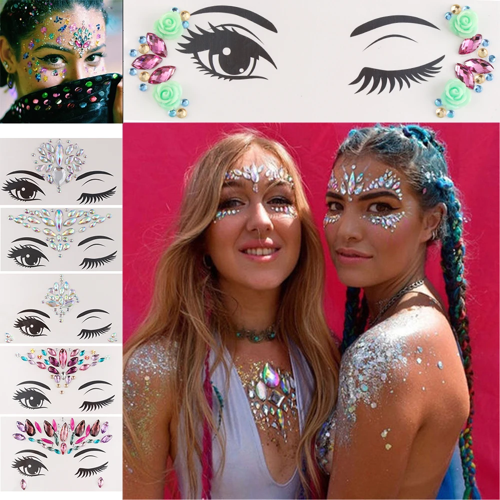 Fashion Colorful 3D Crystal Temporary Tattoo Face Gems Jewels Rhinestone Glitter Adhesive Stickers Festival Body Facial Decor