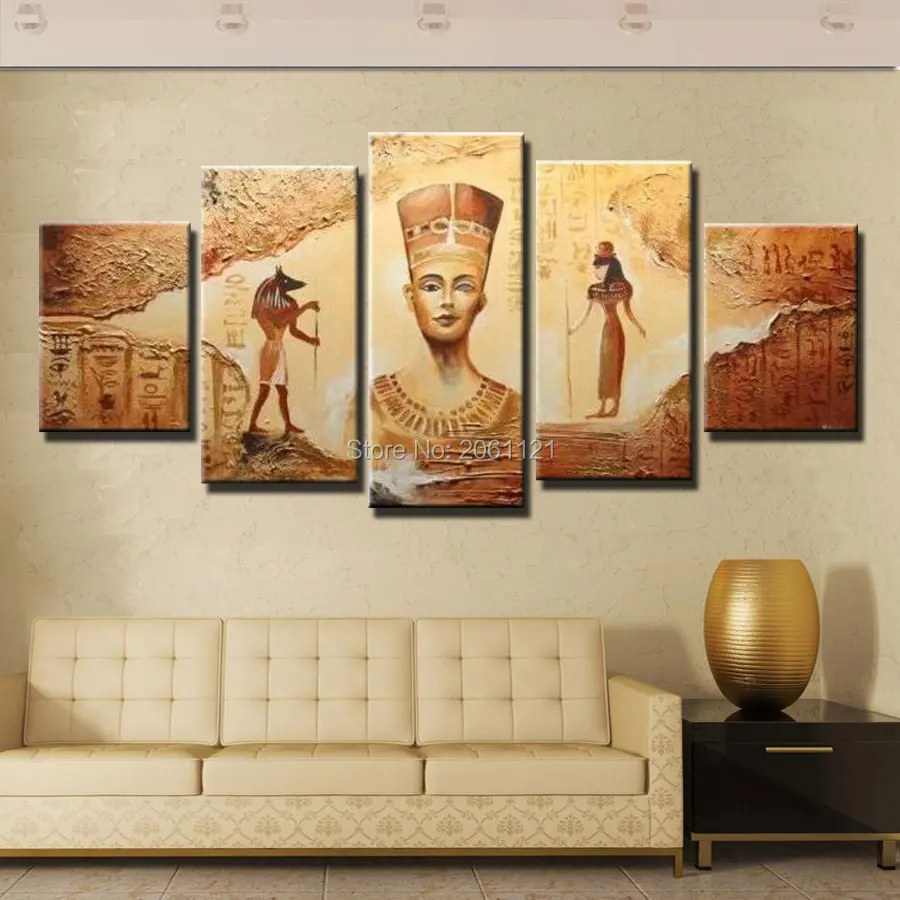 Hand painted canvas oil Paintings 5 Panels Abstract Decorative Wall Art Egyptian Pharaoh Picture For Living Room