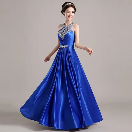 Formal vestido de dama de honra das mulheres halter vestido de festa de casamento chiffon cristal longo vestidos de dama de honra 2018 azul real quente plus size