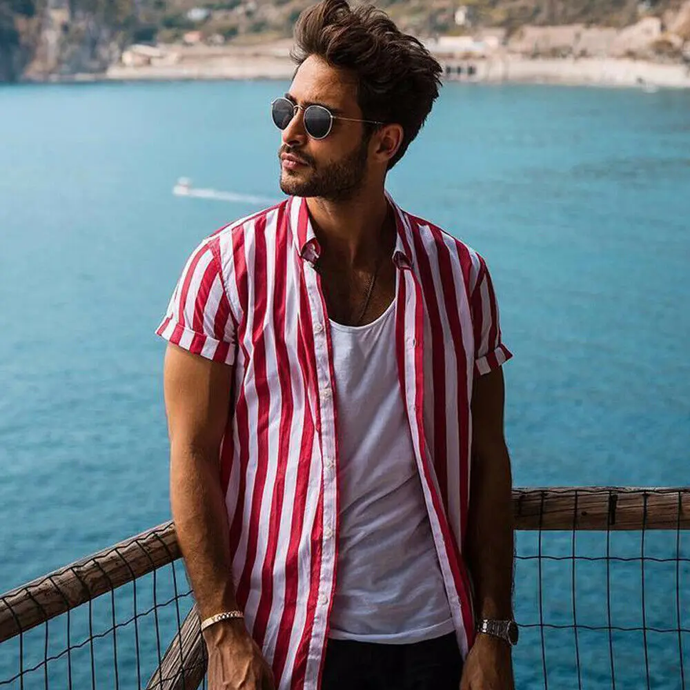 

2019 Men Fashion Short Sleeve Regular Fit Button Down Shirt Casual Vertical Striped Shirt Stylish Formal Casual Shirt Top