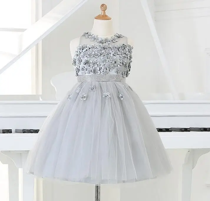 2017 Silver tulle Princess Girl Party Dresses Bead Appliques Tutu Wedding Dress for Christmas Kids Birthday clothes 12M-12Y