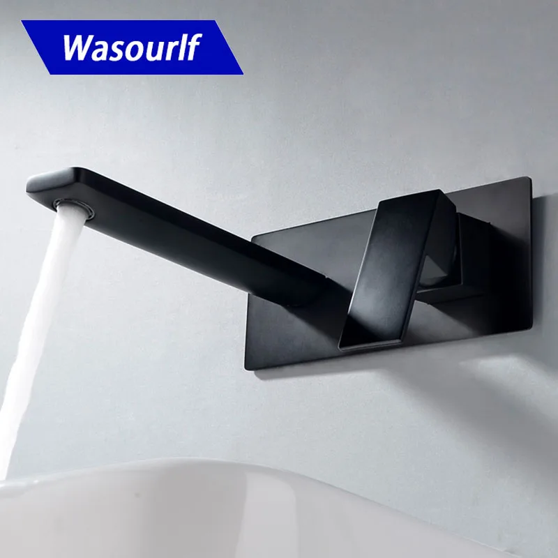 WASOURLF Wall Mounted Solid Bathroom Brass Black Colour Sink Faucet Hot and Cold Fashion Design Tap Mixer Copper for Hotel