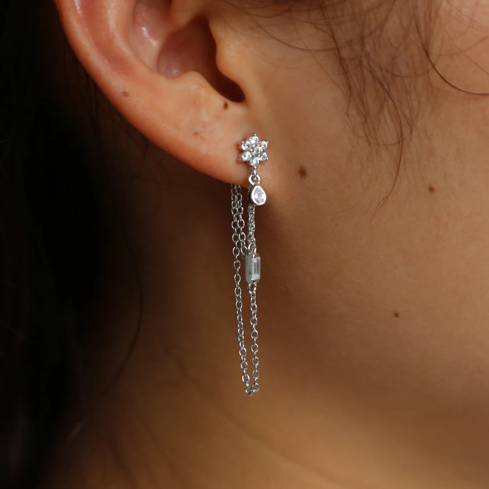 100% 925 Sterling Silver Cute Romantic Flower Tassel Stud Earring With Link Chain Lovely Daily Jewelry Girls Wedding Earrings