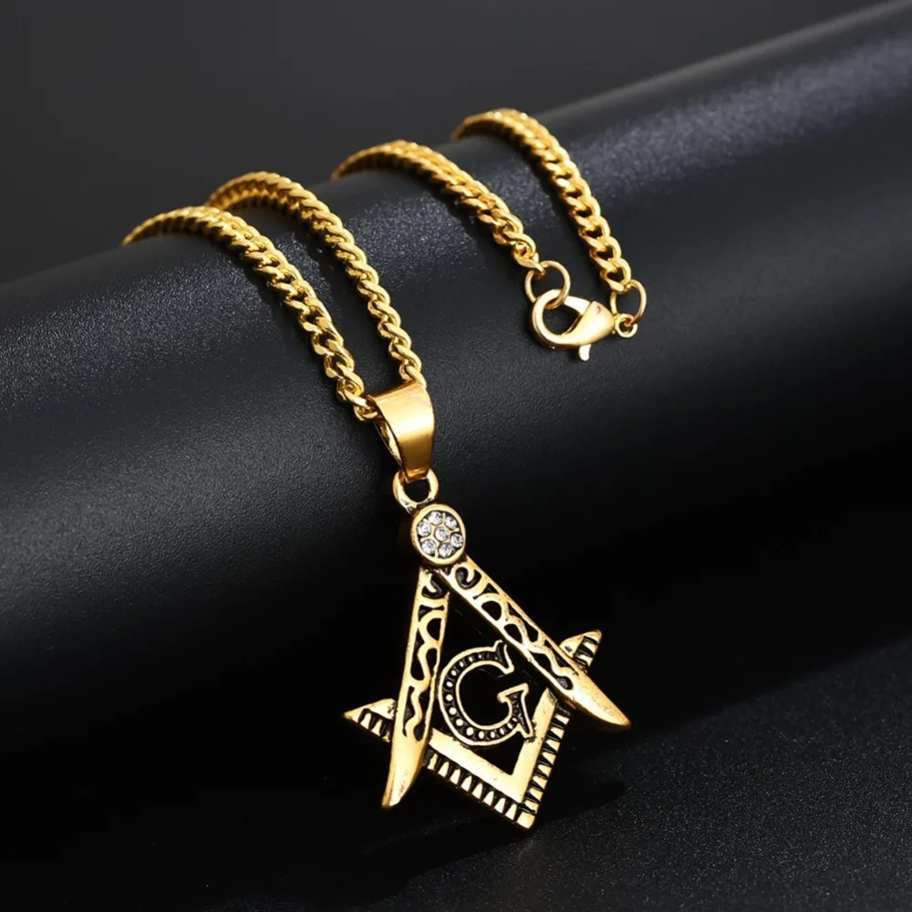 

Vintage Masonic Symbol Necklaces Male Gold Color Stainless Steel Punk Fashion Freemason Mason Pendant With 20-27" Cuban Chain