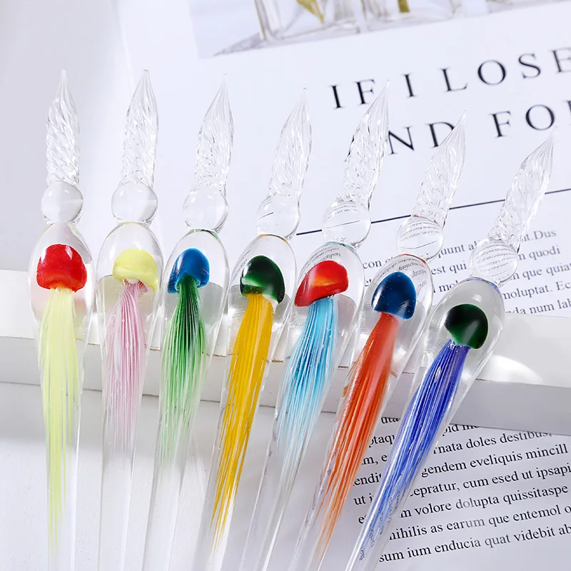 Kwallen Glas Dip Pen Crystal Touch Water Zilveren Transparante Kleur Inkt Pen Geschenkdoos