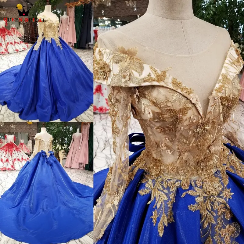 Vestido De noche azul Real De lujo con Apliques De encaje y cuentas, manga larga, 100%, 2021