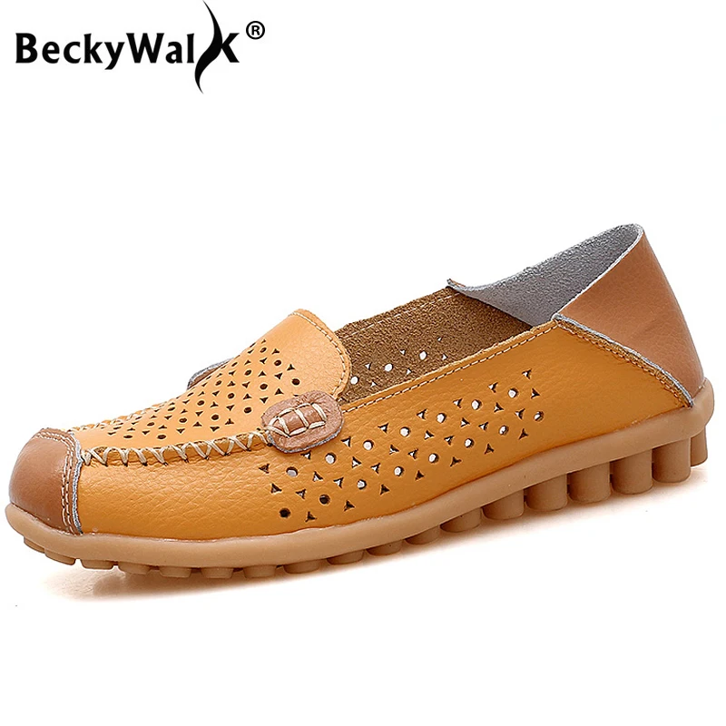 BeckyWalk New Summer Plus Size Genuine Leather Shoes Women Cutout Moccasins Spring Women Flat Shoes Casual Ballet Flats WSH2681