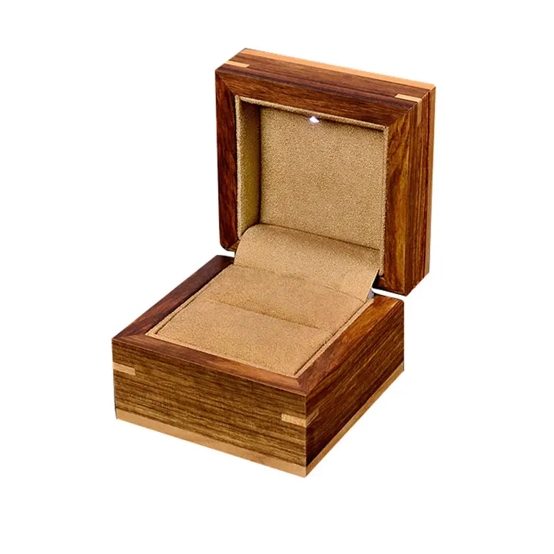 High Quanlity Wood Ring Box With Light Fashion Romantic Jewelry Wedding Boxes Coffee Color Gift Box For Women B026