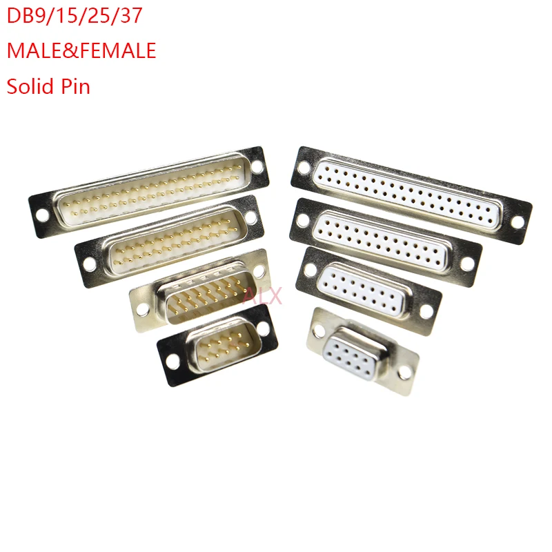 1Pcs Gold Solid Pin DB9 DB15 DB25 DB37 Hole/Pin Female/Male Welded Connector RS232 serial port D-SUB adapter 9/15/25/37 pin