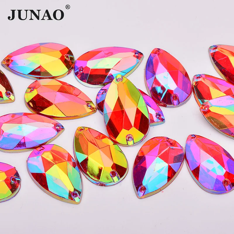 JUNAO 17*28mm 100pcs Sew On Pink AB Crystals Big Teardrop Rhinestone Acrylic Strass Appliques Flatback Stones for DIY Crafts