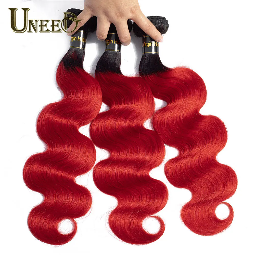 

Uneed Pre-Colored Dark Roots Red Ombre Malaysian Hair Bundles 1/3/4 Pcs Malaysian Body Wave T1B/Red No-Remy Human Hair Weave