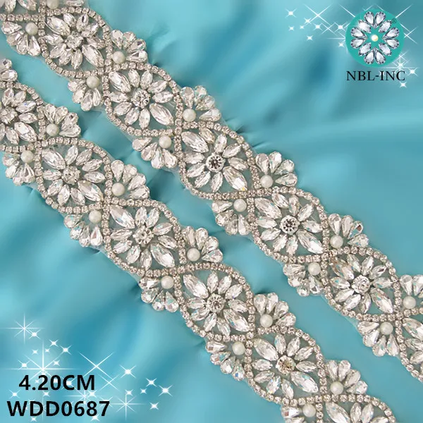 

(10 YARDS)Wholesale bridal beaded silver crystal glass rhinestone applique trim iron on for wedding dress sash belt WDD0687