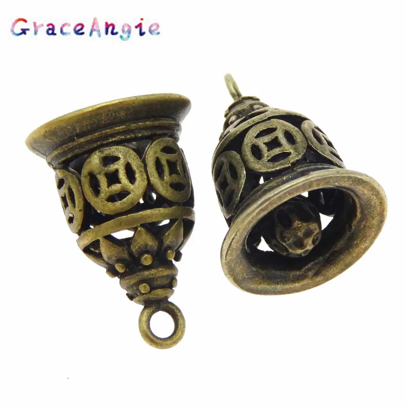 GraceAngie 12PCS Antique Style Bronze Tone Heart Ancient Bell Charm Alloy Plated Suspension Pendants (03753) image 3