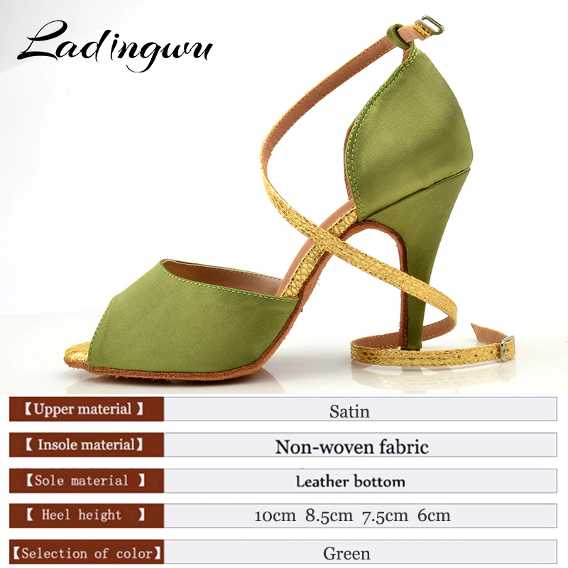 Ladingwu Ladies Dance Shoes Light Green Latin Dance Shoes Women Satin High Heel Ballroom Salsa Shoes Dancing Sandals For Women\'s