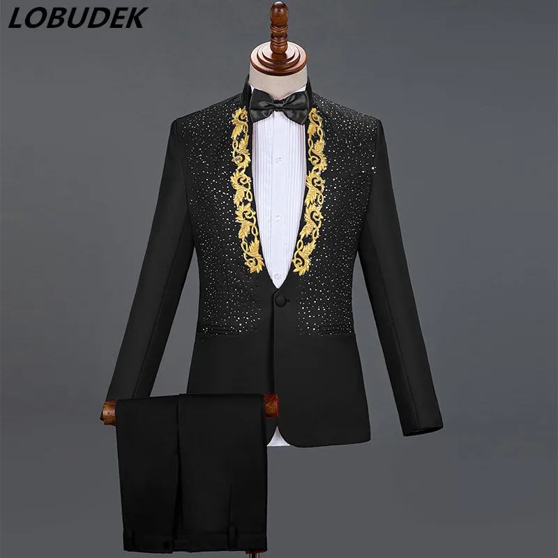 Sparkly Crystals Blazers Embroidery Men's Suits Formal Chorus Dress Singer Host Concert Stage Outfits Nightclub Clothing Costume