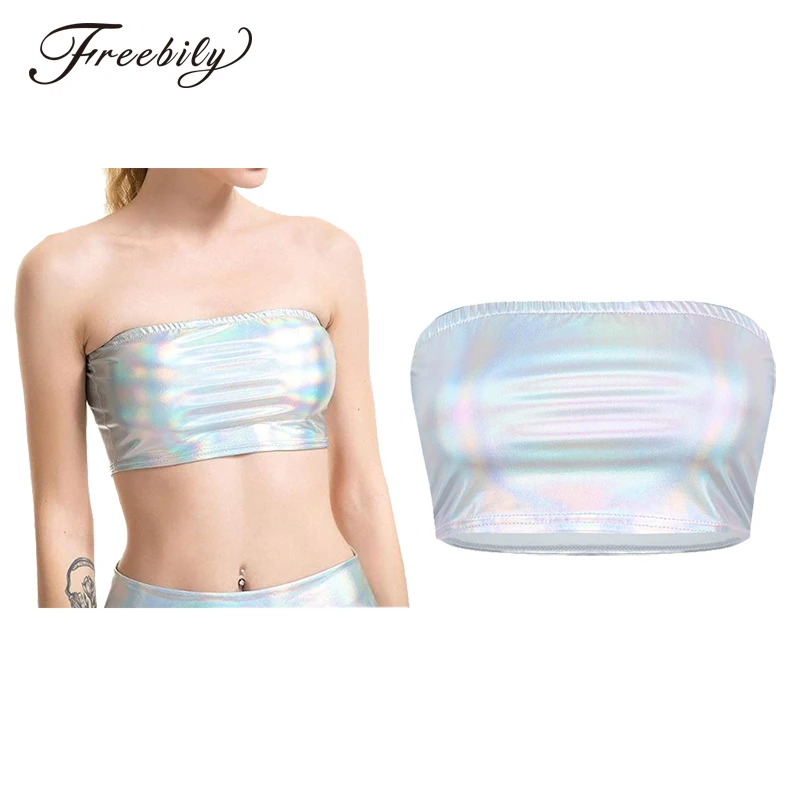 Shiny Silver Holographic หลายสีการออกแบบ Tank Tops แฟชั่นที่ไม่มีสายหนัง Bandeau Bra Crop Top ผู้หญิงเซ็กซี่คลับ Camis