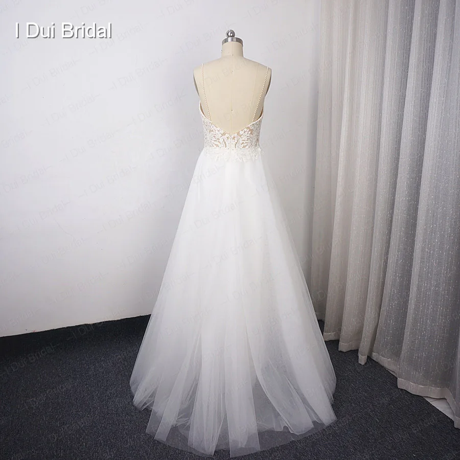 Vestido de casamento de alças espaguete uma linha aplique de renda perolada com contas top saia de tule