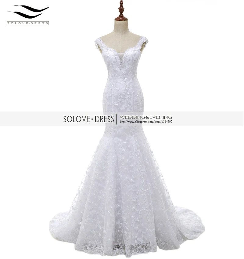 Solovedress fotos reais frisado sereia laço vestido de casamento botões cinta de espaguete querida vestido de noiva sl223