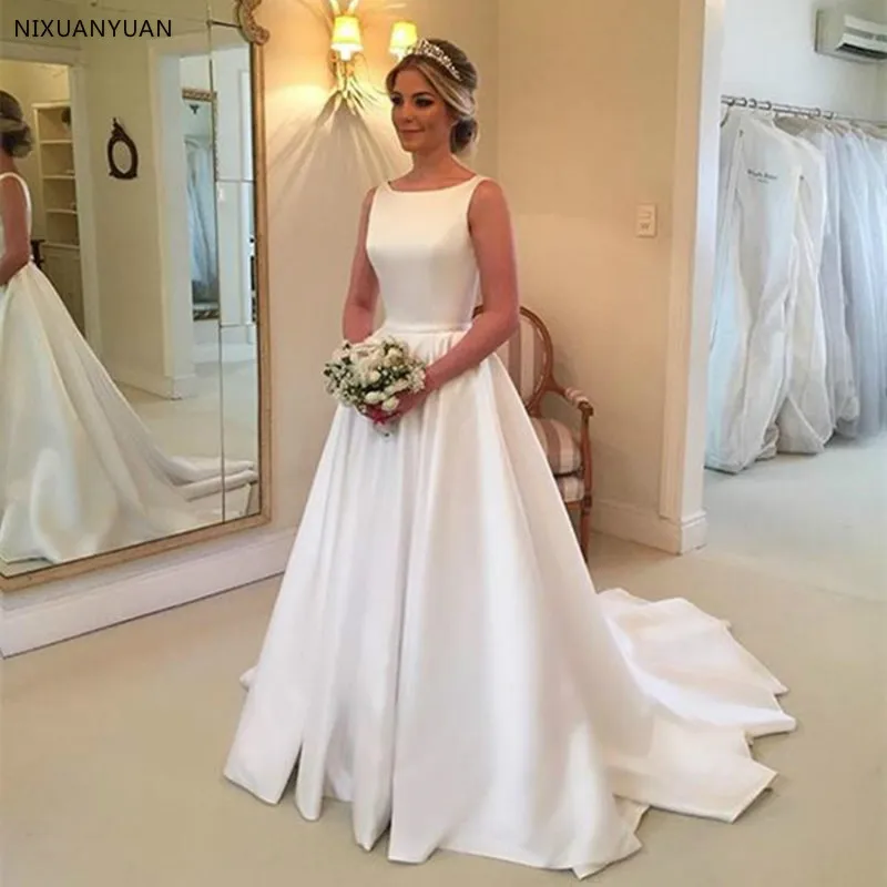 

White Satin Simple Wedding Dresses 2023 A Line Sweep Train Backless Bow Bridal Dress Vestido De Casameto Cheap Robe De Mariage