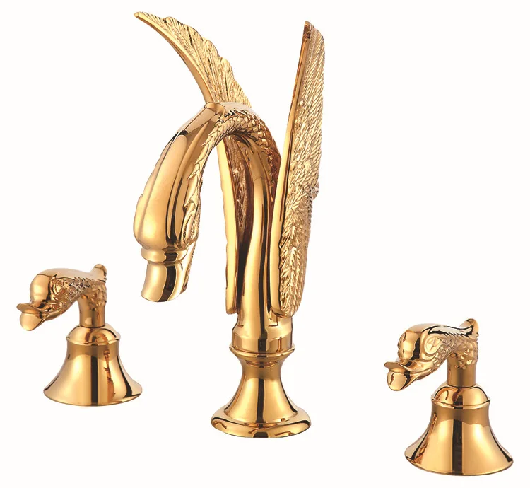 

Free shipping 3 PIECEs gold clour 28CM height swan sink faucet widespread lavatory sink faucet