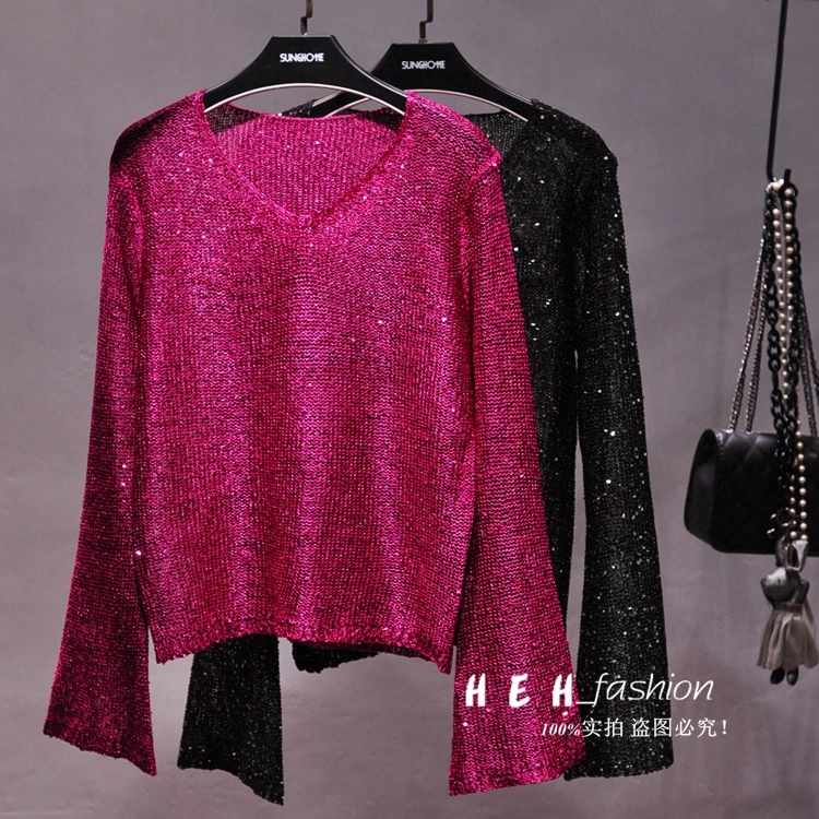 Cakucool Hot Women Gold Lurex Knit Top Pullover Sequined V-neck Long Flare Sleeve Jumpers Beading Knit Thin Sweater Shirt Female