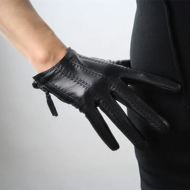 Touchscreen Gloves Women Genuine Leather Goatskin Tassel Zipper Short Style Glove Female Fashion Solid Driving Mittens Lady