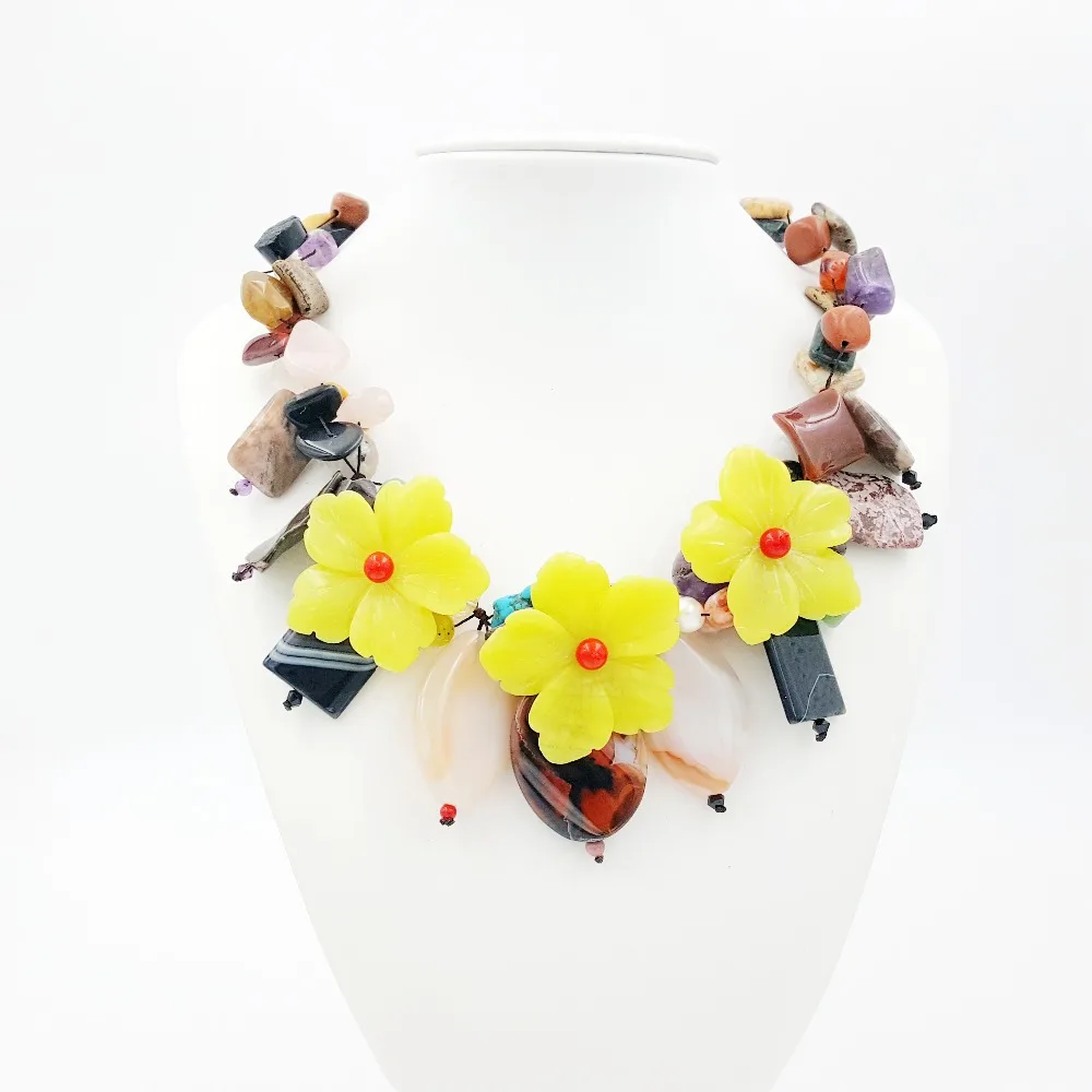 

Lii Ji Natural Stone Statement Necklace Mixed Agate Jasper Lemon Jade Flowers Necklace 19 inches for Women Jewelry Gift