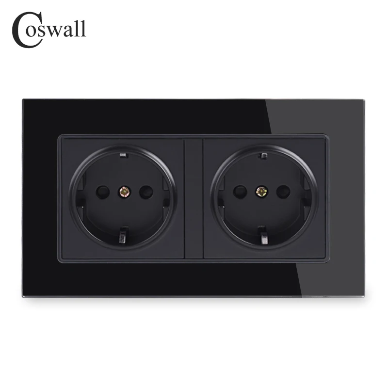 Coswall 16A Double EU Standard Wall Socket Crystal Glass Panel Power Outlet Grounded With Child Protective Door Grey Gray