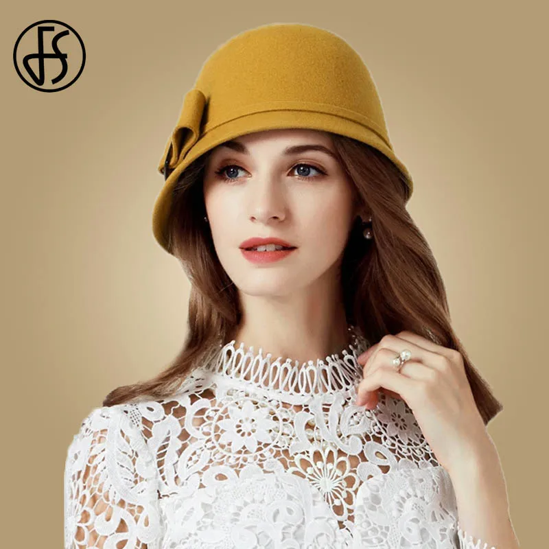 FS-Lã Preta Feminina Sentiu Cloche Chapéu de Balde Superior Britânico com Bowknot, Aba Larga Bowler, Fedoras Senhoras, Chapéus Amarelo Derby