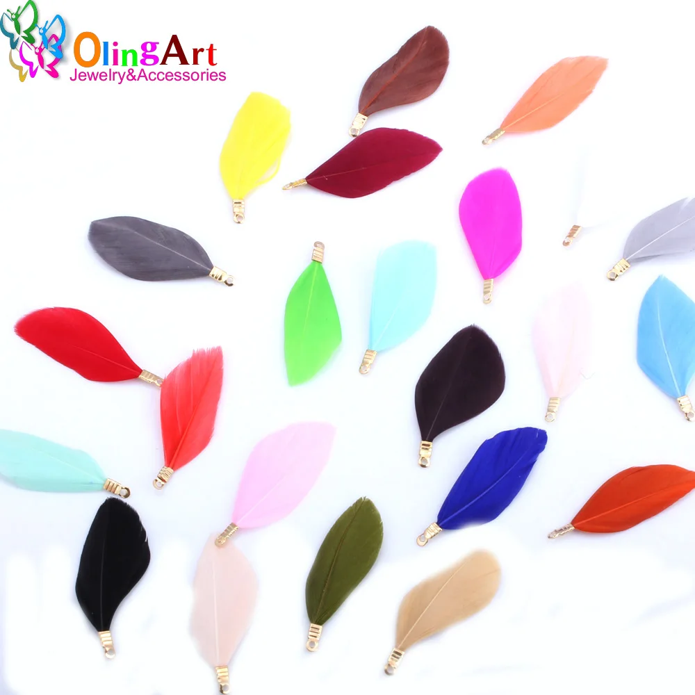 OlingArt Natural Feathers Multicolor 35MM 10pcs/Lot Golden Metal Clips DIY Necklace Earring Jewelry Making Straps Pendants